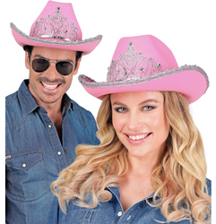 KAPELUSZ KOWBOJSKI RÓŻOWY Z SRERBNĄ TIARĄ