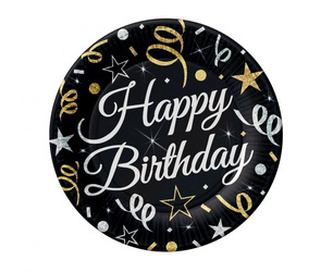 TALERZYKI PAPIEROWE HAPPY BIRTHDAY CZARNE 18 CM 6 SZT