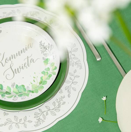 ZESTAW KUBECZKÓW I TALERZYKÓW KOMUNIA EUKALIPTUS 