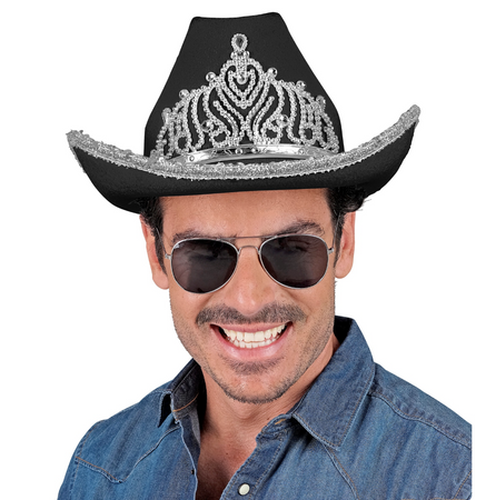 KAPELUSZ KOWBOJSKI CZARNY Z SRERBNĄ TIARĄ