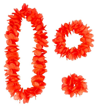 ZESTAW HAWAJSKI CZERWONY NEON NASZYJNIK WIANEK BRANSOLETKA