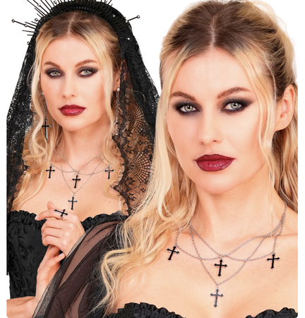 NASZYJNIK Z KRZYŻAMI SREBRNO-CZARNY HALLOWEEN