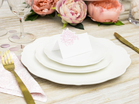 Wizytówki na stół - Piwonie, biały, 9x4,5cm (1 karton / 40 op.) (1 op. / 10 szt.)