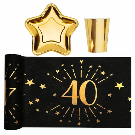 ZESTAW NA 40 URODZINY: BIEŻNIK + TALERZYKI GWIAZDKI + KUBECZKI ZŁOTE 