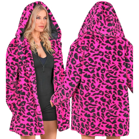 PŁASZCZ PLUSZOWY Z KAPTUREM W PANTERKĘ RÓŻOWO-CZARNY