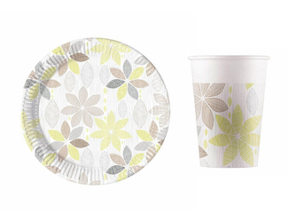 ZESTAW PAPIEROWE LIŚCIE KWIATY TALERZYKI+KUBECZKI