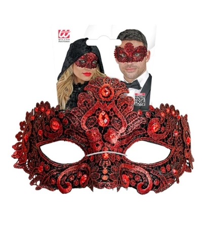 MASKA WENECKA CZERWONA Z KORONKĄ 