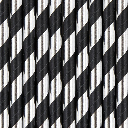 SŁOMKI PAPIEROWE PASKI CZARNO SREBRNE 10 SZT 