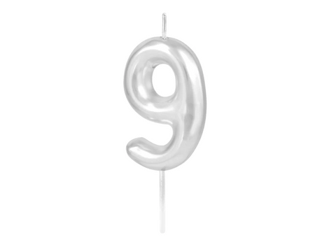 ŚWIECZKA URODZINOWA CYFRA 9 SREBRNA POŁYSK 6 CM