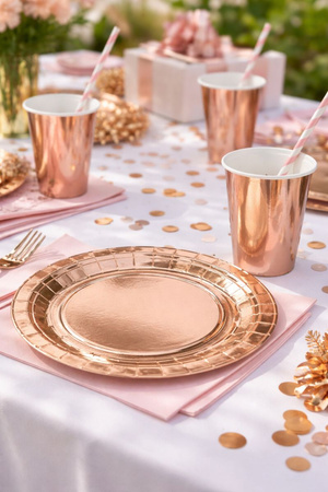 ZESTAW ROSE GOLD: TALERZYKI + KUBECZKI 