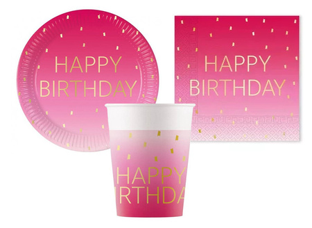 ZESTAW HAPPY BIRTHDAY RÓŻOWY TALERZYKI+KUBECZKI+SERWETKI
