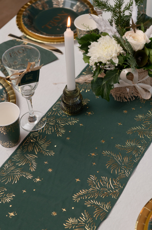 BIEŻNIK ŚWIĄTECZNY ZŁOTE GAŁĄZKI CIEMNA ZIELEŃ KOKARDKA 27 X 250 CM