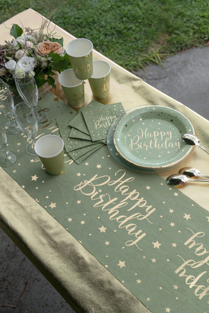 BIEŻNIK BAWEŁNIANY URODZINY GWIAZDKI OLIWKOWY 28X300 CM