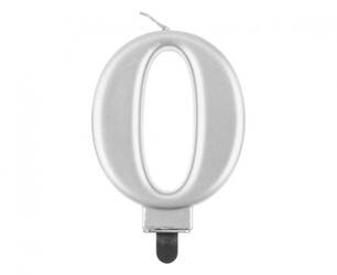 ŚWIECZKA CYFERKA 0 METALIK SREBRNA 8 CM