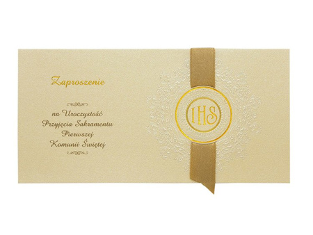 Zaproszenia komunijne ze złotą wstążką (1 karton / 50 op.) (1 op. / 10 szt.)