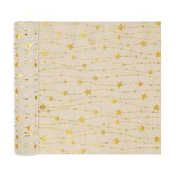 BIEŻNIK LNIANY GWIAZDKI BEŻOWO-ZŁOTY 275x28 CM