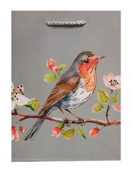 TORBA PREZENTOWA PTAK KWIATY SZARA 18X23X10 CM