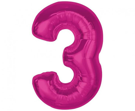 BALON FOLIOWY CYFRA 3 RÓŻOWA 92 CM