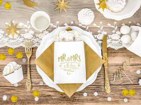 Torebki na słodycze Mr & Mrs, złoty, 13x14cm (1 karton / 50 op.) (1 op. / 6 szt.)