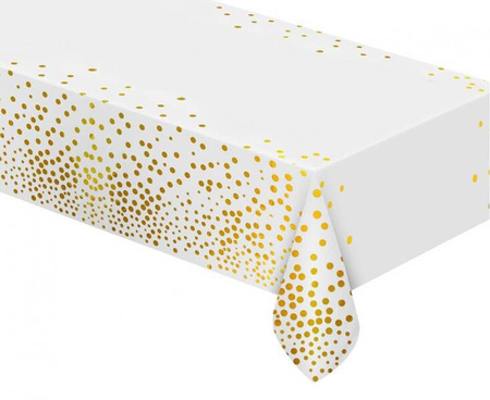 OBRUS FOLIOWY ZŁOTE GROSZKI BIAŁY 137 X 183 CM