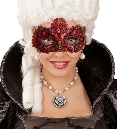 MASKA WENECKA CZERWONA Z KORONKĄ 