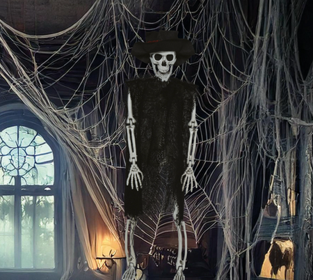 DEKORACJA SZKIELET Z KAPELUSZEM 47 CM