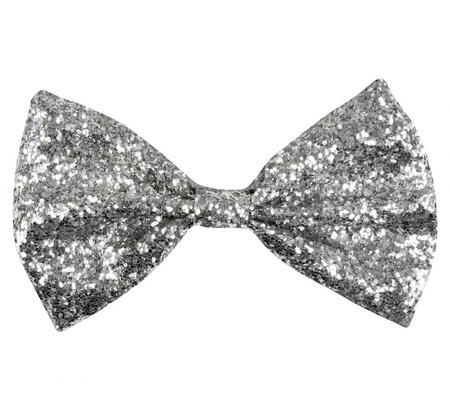 Muszka mucha brokatowa srebrna 12 cm na gumce disco sylwester party