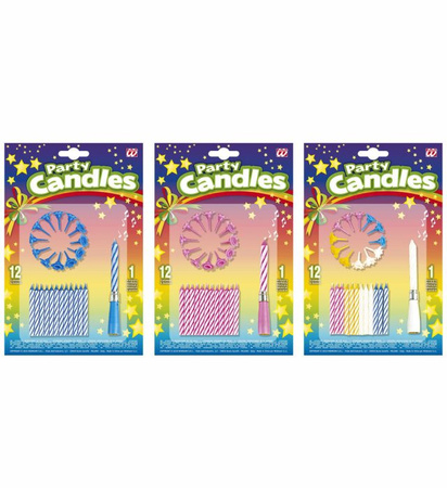 Pk 12 "Set of 12 CANDLES & HOLDERS + 1 MUSICAL CANDLE" 3 colors ass.