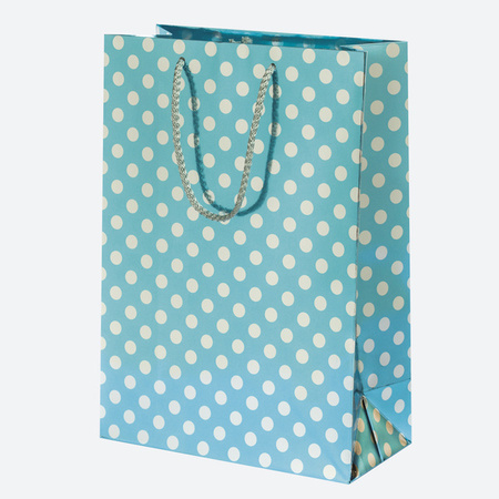 TORBA PREZENTOWA METALICZNA W KROPKI NIEBIESKA 23X32X11 CM