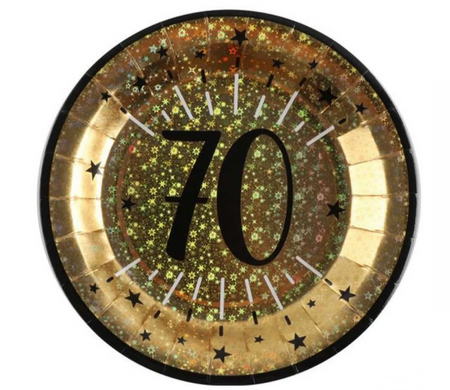 TALERZYKI PAPIEROWE 70 URODZINY ZŁOTE 23 CM 10 SZT.