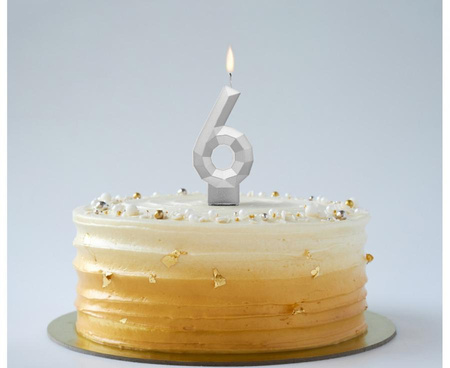 ŚWIECZKA CYFRA 6 DIAMENT METALIK SREBRNY 7,6 CM