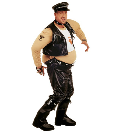 "FAT BIKER" (stuffed jumpsuit with boot covers, belt, T-shirt, vest, choker, hat)