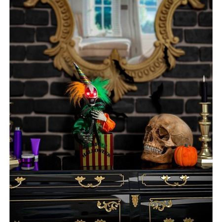 DEKORACJA INTERAKTYWNA HALLOWEEN KLAUN W PUDEŁKU LED 37 CM