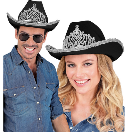 KAPELUSZ KOWBOJSKI CZARNY Z SRERBNĄ TIARĄ