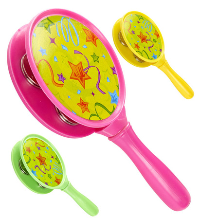 Pk 24 "TAMBOURINE WITH HANDLE" bulk - colors ass.