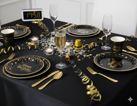 ZESTAW ZŁOTE GWIAZDY HAPPY NEW YEAR: TALERZYKI + KUBECZKI 