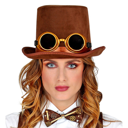 KAPELUSZ Z OKULARAMI STEAMPUNK CYLINDER BRĄZOWY
