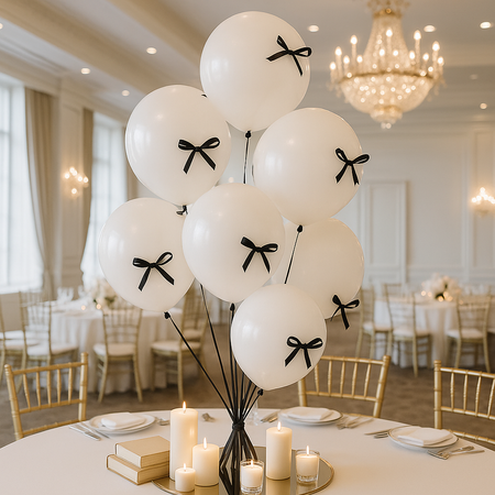 ZESTAW BIAŁE BALONY Z TASIEMKĄ I KROPKAMI DO KOKARDEK