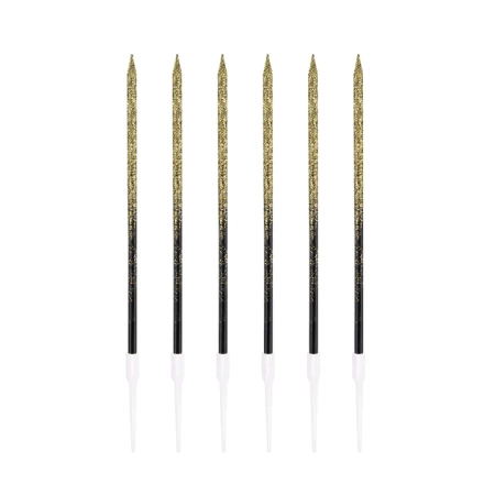 ŚWIECZKI URODZINOWE CZARNO ZŁOTE Z BROKATEM 6 SZT.