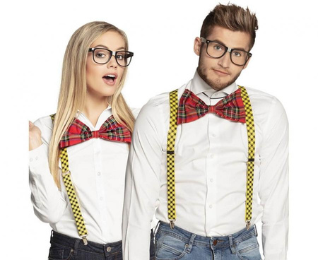 Zestaw Kujona kujonki uczeń uczennica (strój: okulary, muszka, szelki)