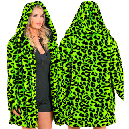 PŁASZCZ PLUSZOWY Z KAPTUREM W PANTERKĘ ZIELONO-CZARNY