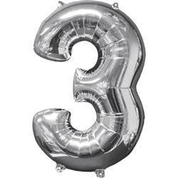 BALON FOLIOWY CYFRA 3 SREBRNY 66 CM