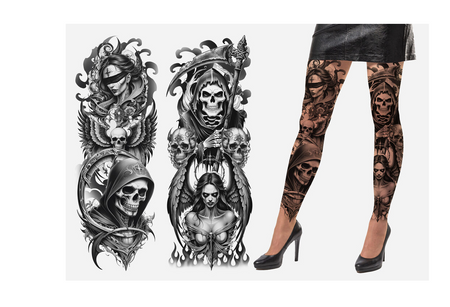 RAJSTOPY DAMSKIE Z NADRUKIEM HALLOWEENOWYCH TATUAŻY