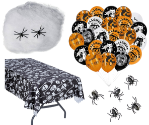 ZESTAW DEKORACJI HALLOWEEN: OBRUS CZASZKI + PAJĘCZYNA 60 G + PAJĄKI + ZESTAW BALONÓW