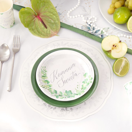 TALERZYKI PAPIEROWE KOMUNIA ŚWIĘTA EUKALIPTUS SREBRNE 7 CALI 6 SZT. IHS