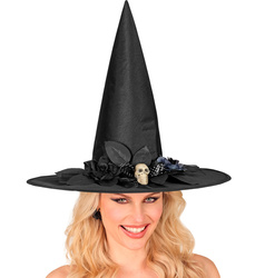 KAPELUSZ CZAROWNICY Z CZASZKĄ I KWIATAMI 45 CM HALLOWEEN