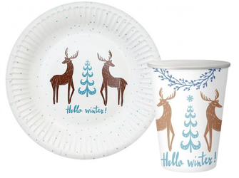 ZESTAW HELLO WINTER BIAŁE TALERZYKI+KUBECZKI