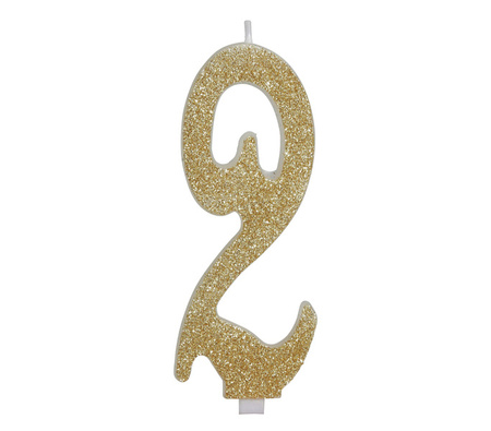 ŚWIECZKA URODZINOWA CYFRA 2 ZŁOTY BROKAT 12 CM