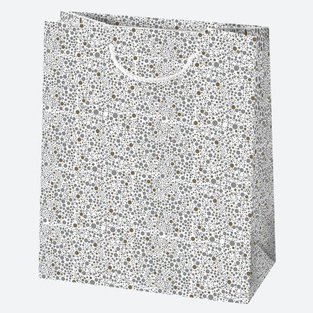 TORBA NA PREZENTY SREBRNO-ZŁOTE KROPKI 19X23X10,5CM
