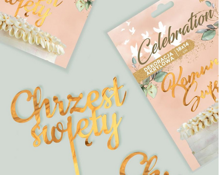 DEKORACJA AKRYLOWA NA TORT CHRZEST ŚWIĘTY ZŁOTA 11 X 13 CM